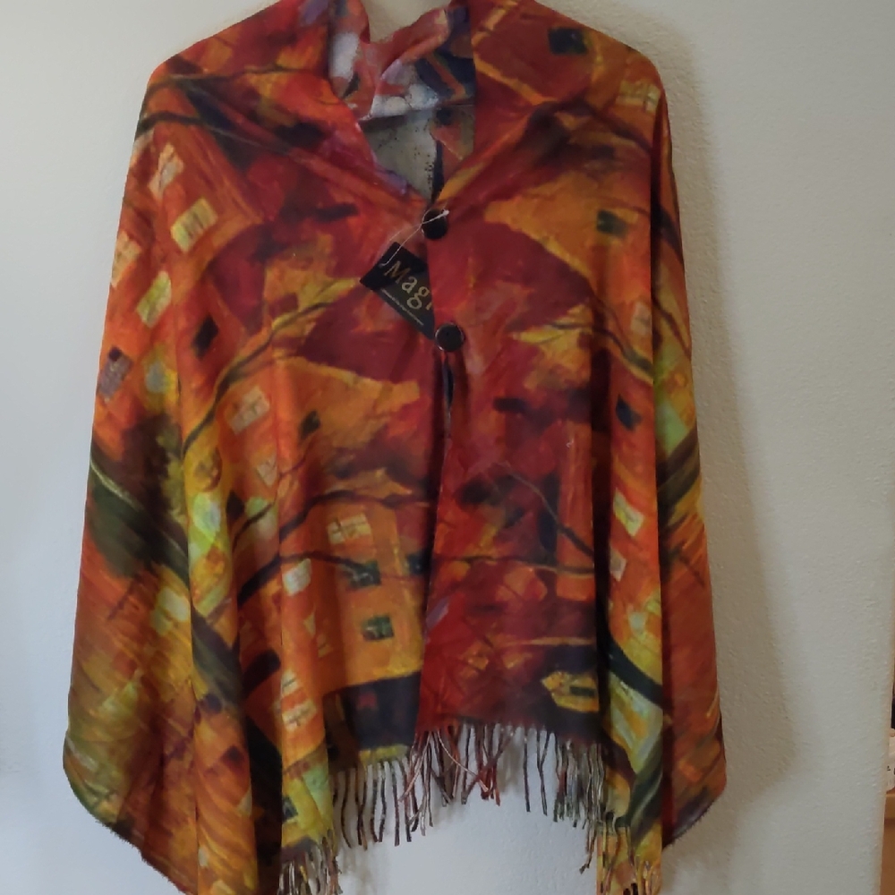 Magic Reversible Red OrangeButtoned Shawl Fall Scene Impressionist Paintings Nwt